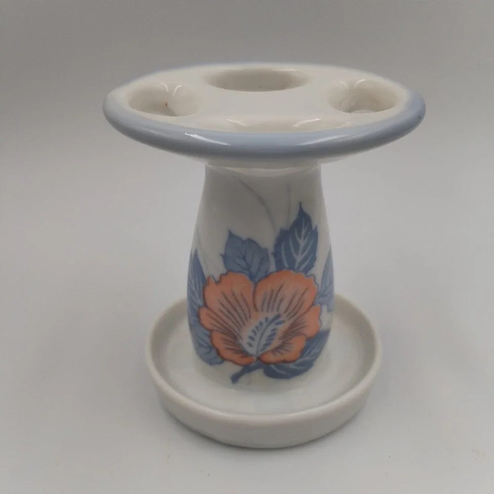 Vintage‎ Ceramic Toothbrush Holder Retro Floral Peach Blue 4 Slot Bathroom